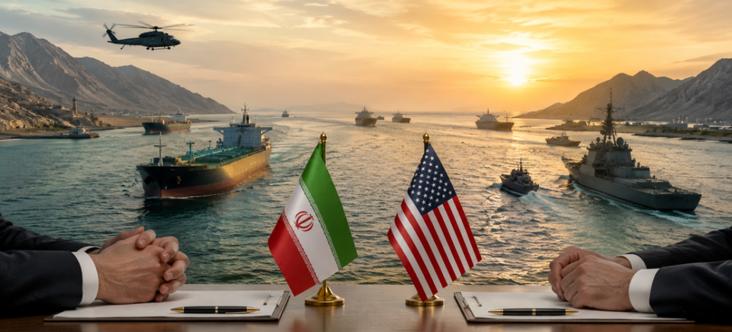 Navios cruzam o Estreito de Ormuz após rascunho de acordo entre Irã e Estados Unidos prever reabertura do tráfego marítimo na região.
