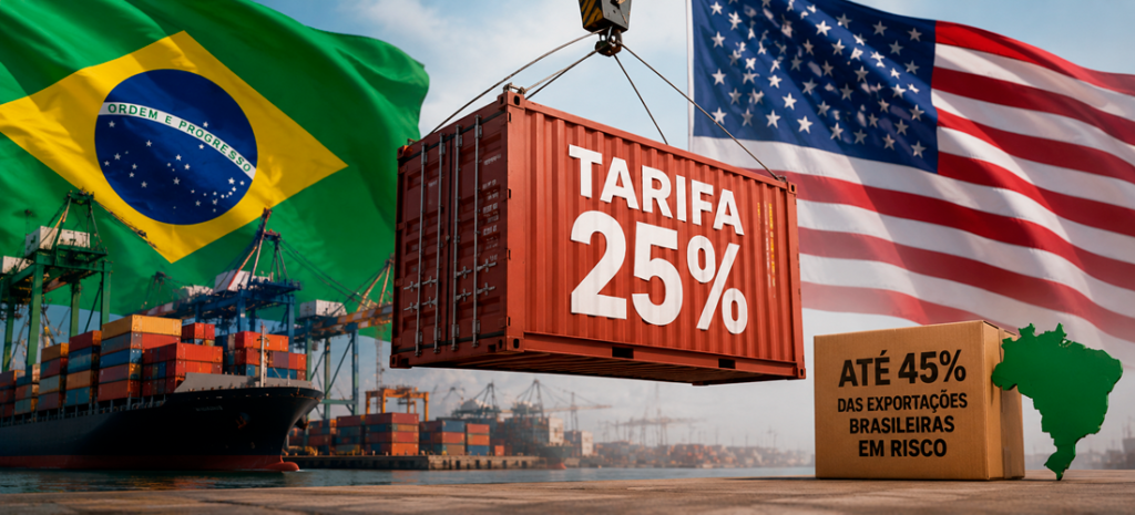Impacto da nova tarifa dos Estados Unidos sobre exportações brasileiras, com taxas que podem chegar a 45% para produtos do Brasil.