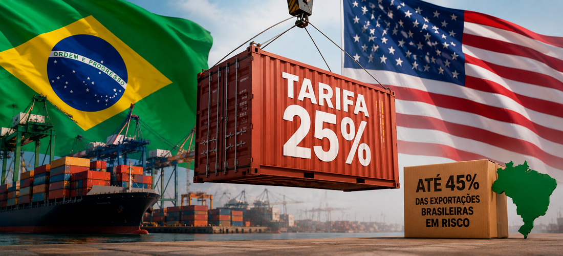 Impacto da nova tarifa dos Estados Unidos sobre exportações brasileiras, com taxas que podem chegar a 45% para produtos do Brasil.