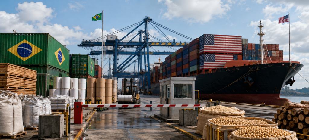 Imagem ilustrando o impacto do tarifaço dos Estados Unidos sobre as exportações brasileiras, que pode afetar US$ 11 bilhões em comércio exterior e reduzir o fluxo comercial entre Brasil e EUA.