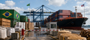 Imagem ilustrando o impacto do tarifaço dos Estados Unidos sobre as exportações brasileiras, que pode afetar US$ 11 bilhões em comércio exterior e reduzir o fluxo comercial entre Brasil e EUA.