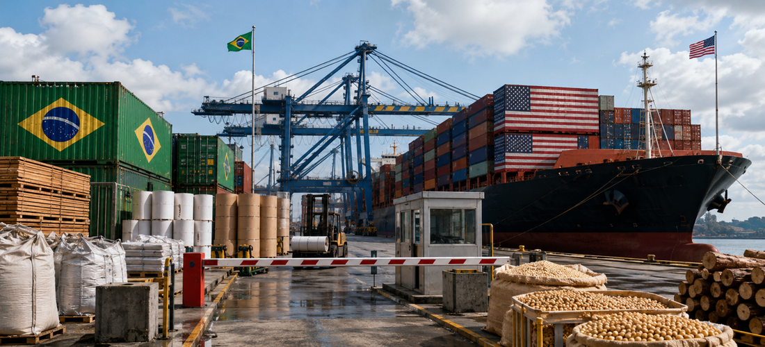 Imagem ilustrando o impacto do tarifaço dos Estados Unidos sobre as exportações brasileiras, que pode afetar US$ 11 bilhões em comércio exterior e reduzir o fluxo comercial entre Brasil e EUA.
