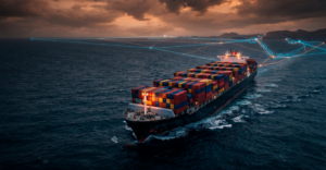Navio porta-contêineres durante alta do frete marítimo em 2026 e impactos nas importações brasileiras